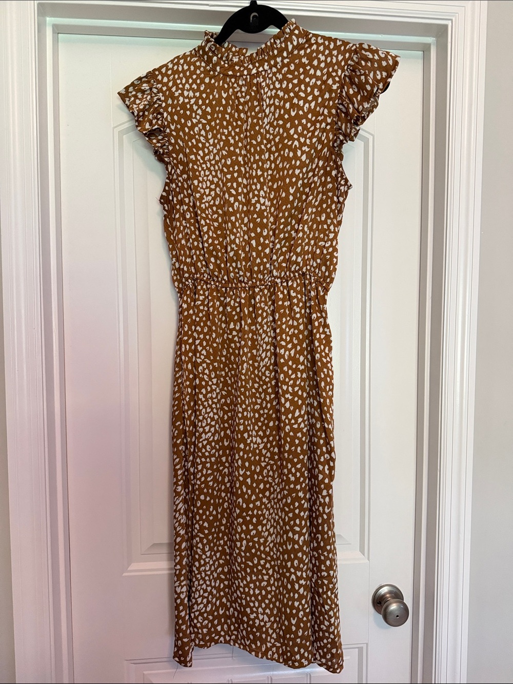 Copper Brown Dot Midi Dress with Ruffle Sleeves